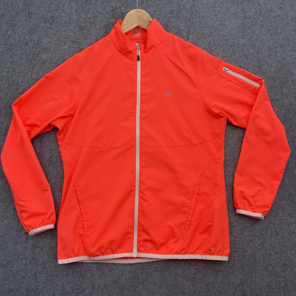 Champion Elite Jacket Womens M Neon Orange Windbreaker Full Zip Running Pocket